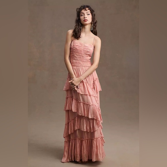 Anthropologie x BHLDN Jessa Asymmetrical Ruffled Metallic Drop Waist Gown 0 - Picture 2 of 15